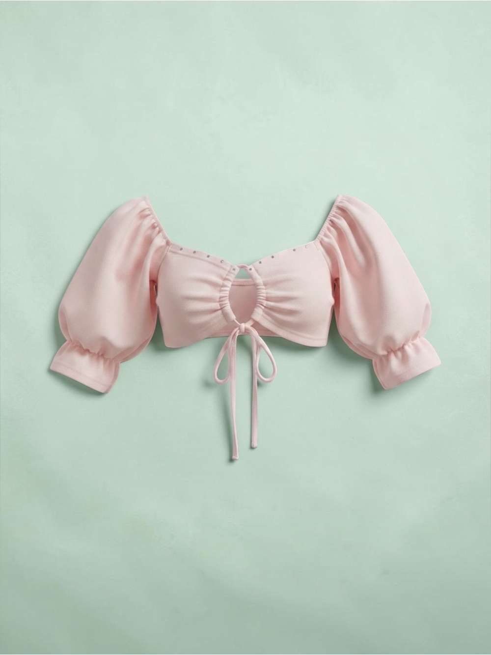 Sugar Thrillz Pink Rhinestone Puff Sleeve Crop Top Cutout Tied Front